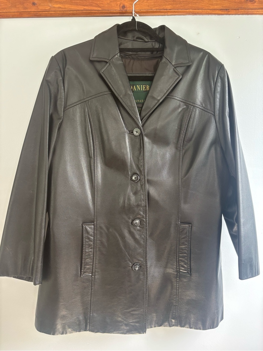 Danier Dark Black Leather Button-Front  3/4 coat